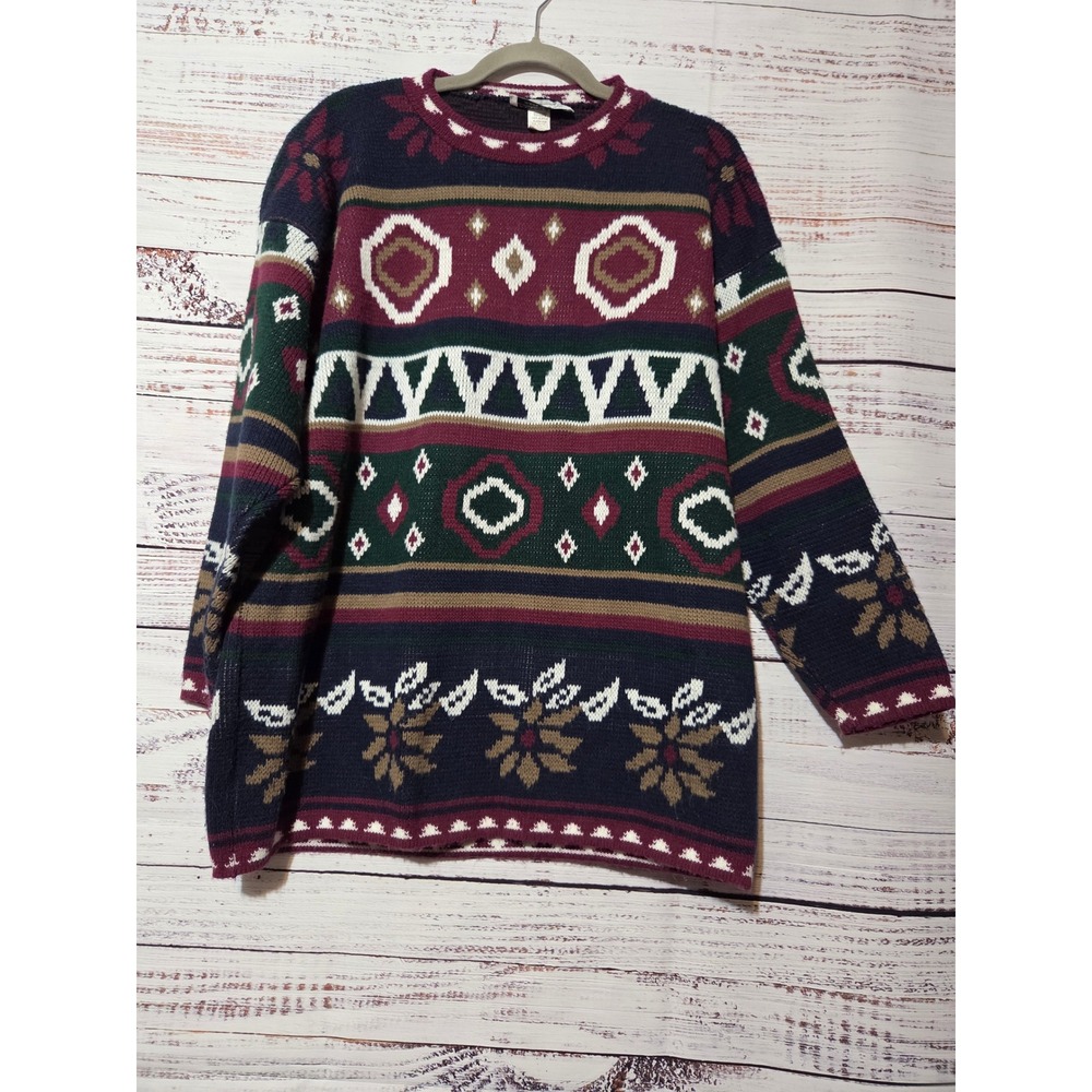 Vintage Private Eyes Adele Knit Sweater Geometric Floral Multi-Color Made in USA